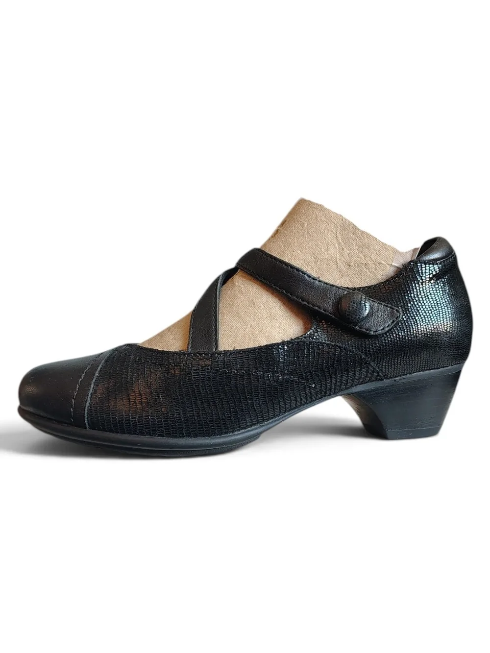 Aravon Portia Black Leather Cross Strap Mary Jane Pump Heels Women's Size 6B